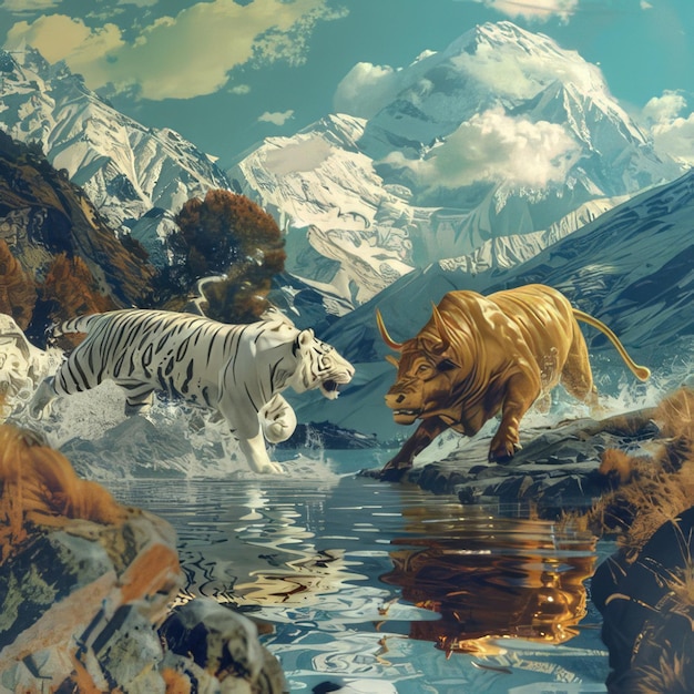 Photo picture showcasing a tiger and a tiger in a mountain lake