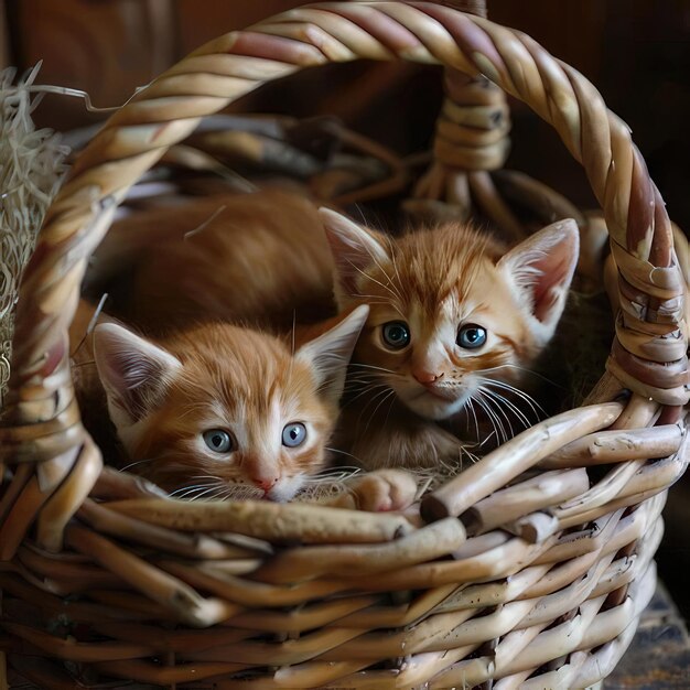 Photo picture showcasing two kittens in a basket