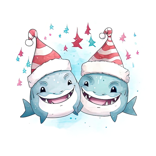 Photo picture showcasing two shark wearing santa hats