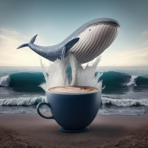 Photo picture showcasing a whale jumping out of a cup