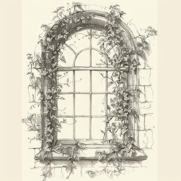 Picture showcasing a window with vines growing on it