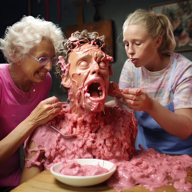 Photo picture showcasing a woman and a child making a cake