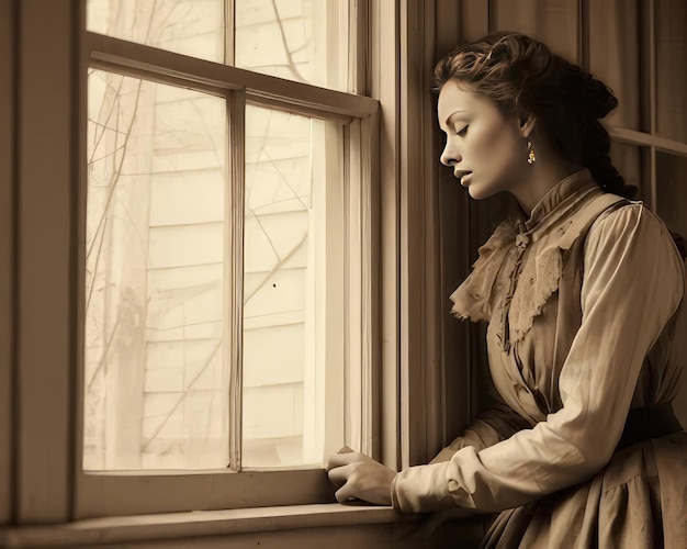 Photo picture showcasing a woman looking out a window