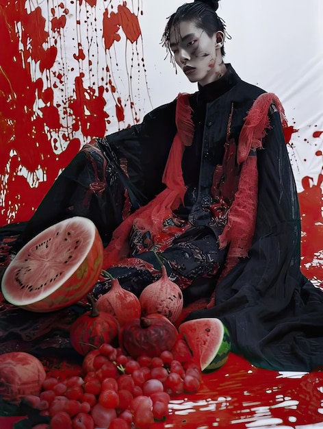 Photo picture showcasing a woman sitting on a table with watermelons