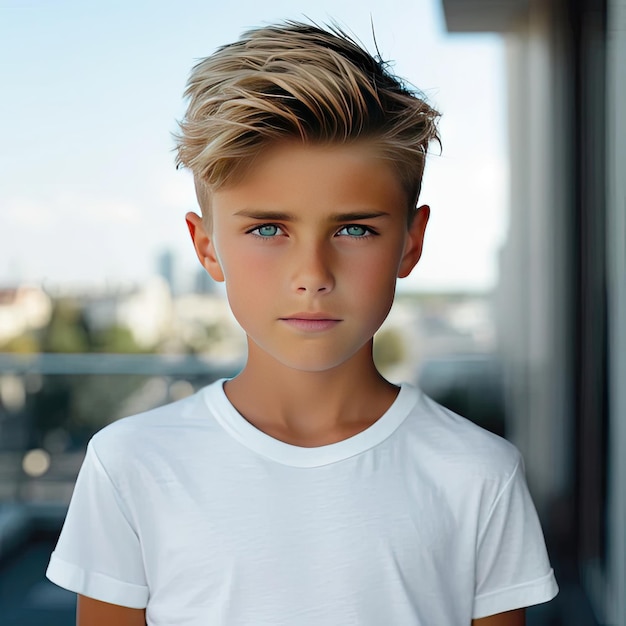 Picture showcasing a young boy with a short blond haircut