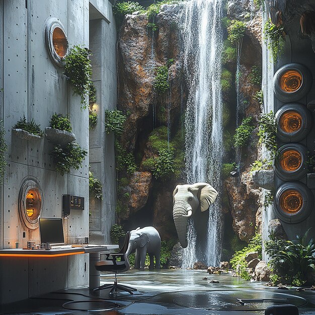 A picture showing a futuristic office of a company with a small office desk a waterfall and rocks