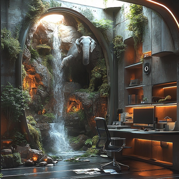 A picture showing a futuristic office of a company with a small office desk a waterfall and rocks