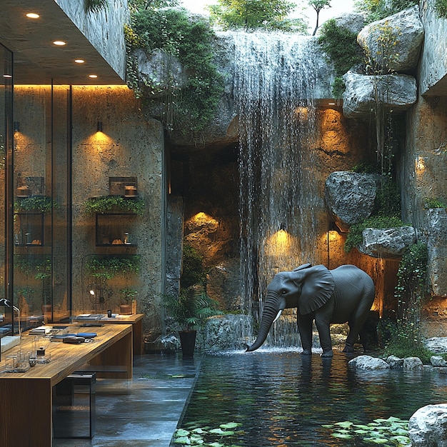 A picture showing a futuristic office of a company with a small office desk a waterfall and rocks