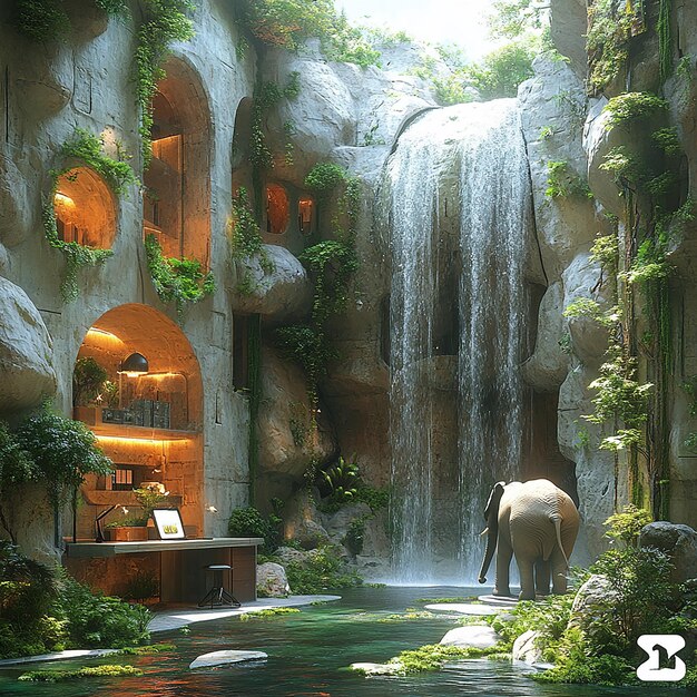 A picture showing a futuristic office of a company with a small office desk a waterfall and rocks