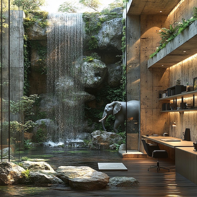 A picture showing a futuristic office of a company with a small office desk a waterfall and rocks