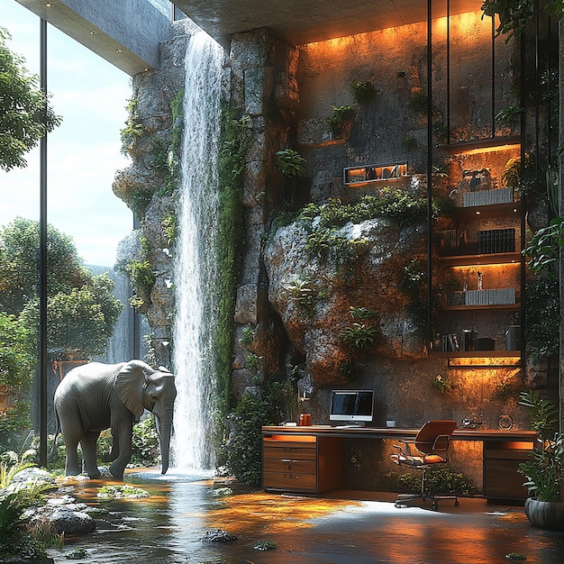 A picture showing a futuristic office of a company with a small office desk a waterfall and rocks