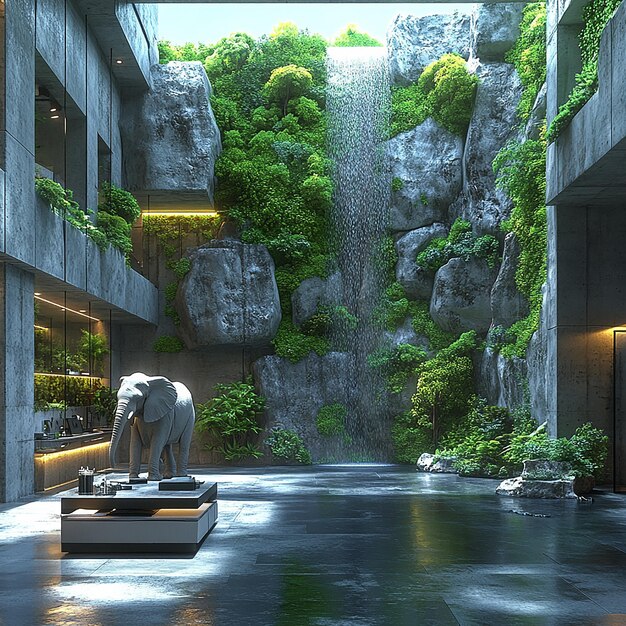 A picture showing a futuristic office of a company with a small office desk a waterfall and rocks