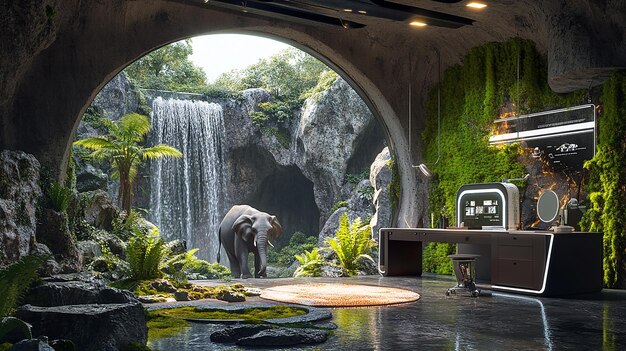 A picture showing a futuristic office of a company with a small office desk a waterfall and rocks