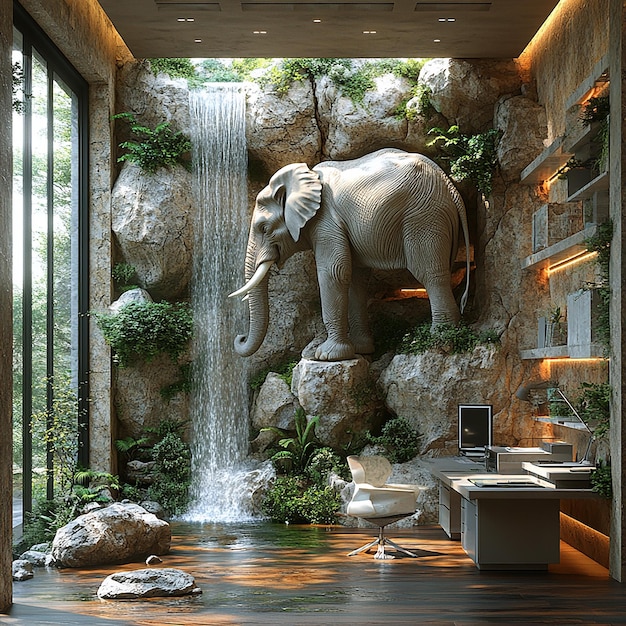 A picture showing a futuristic office of a company with a small office desk a waterfall and rocks