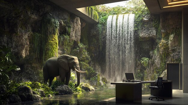 Photo a picture showing a futuristic office of a company with a small office desk a waterfall and rocks