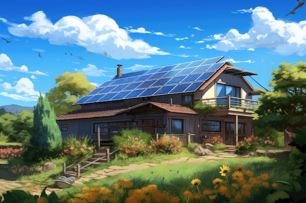 A picture showing a house adorned with solar panels lush green plants and a vibrant blue sky