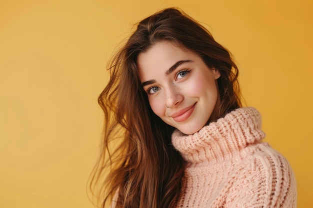 The picture shows a cute blonde with orange attire touching her brown wavy hair The picture also shows a laughing and blithesome girl posing on a yellow background