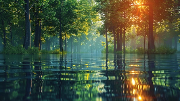 The picture shows the reflection of coastal trees as if they are smoothly dancing in the warm arm