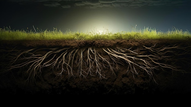 the picture shows the roots of grass growing up from the soil in the style of earthworks