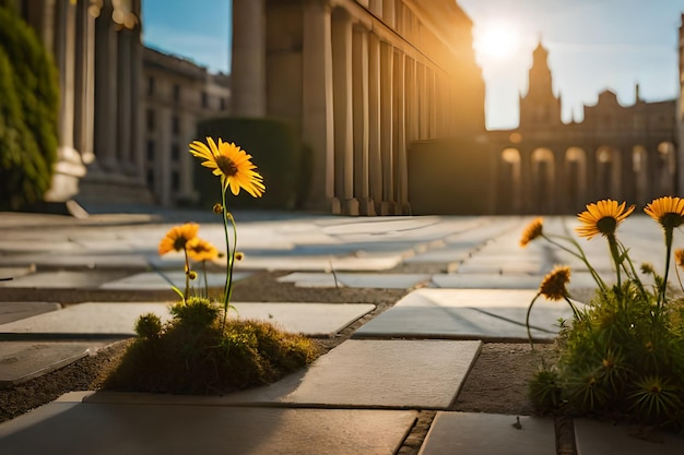 A picture of a sidewalk with a sunflowers growing in the foreground.