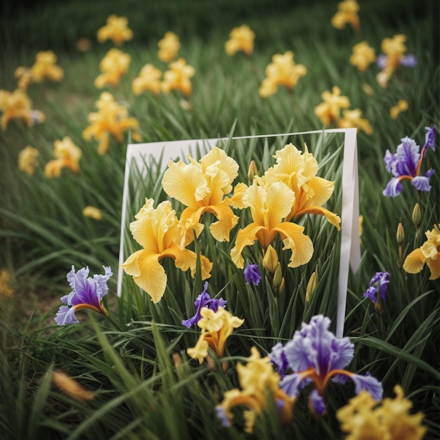 Photo a picture of a sign in a field of daffodils