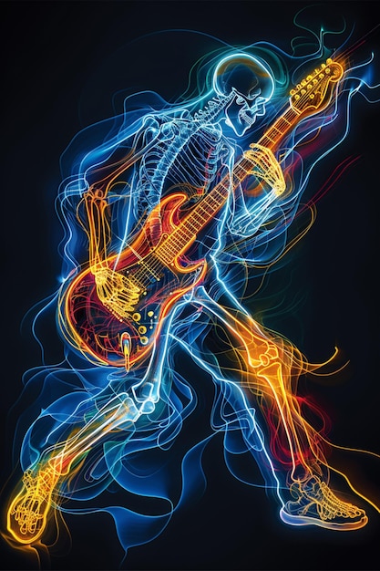 a picture of a skeleton with a guitar in his hand