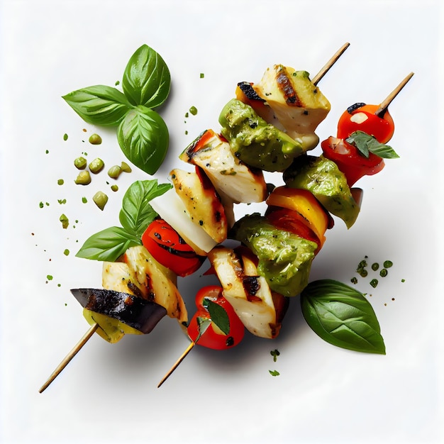 A picture of a skewer with a green basil leaf on it.