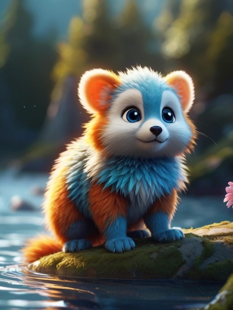 a picture of a small animal with a blue and orange body and a pink flower in the foreground