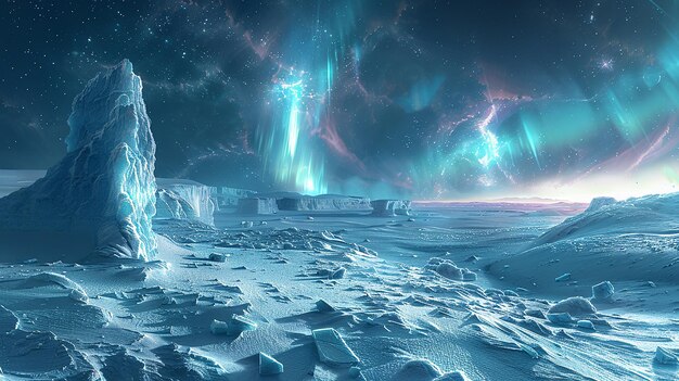 a picture of a snow covered landscape with a blue and green aurora in the background