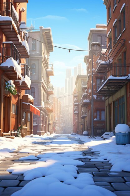 Photo a picture of a snowy city street with buildings perfect for winterthemed designs and holiday promotions