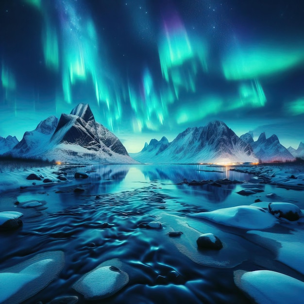 a picture of a snowy mountain with the aurora borealis visible in the background