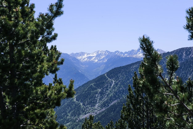 Picture of snowy Pyrenees mountain landscape in ski resort of El Tarter, Andorra.