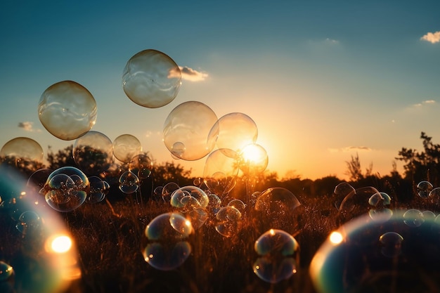 A picture of soap bubbles in a field with the sun setting behind it.