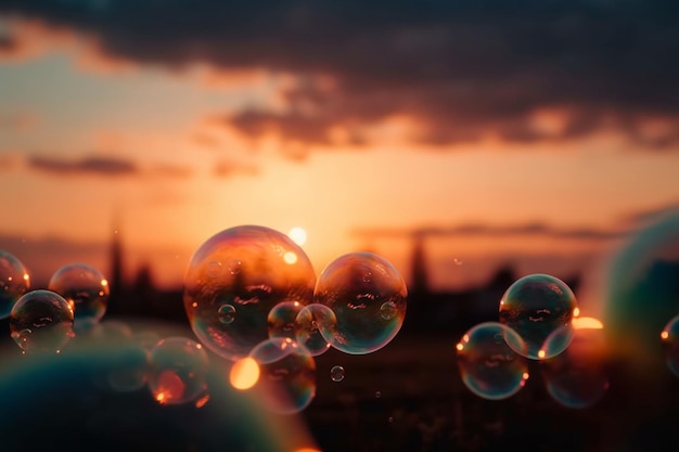 A picture of soap bubbles with the sunset in the background