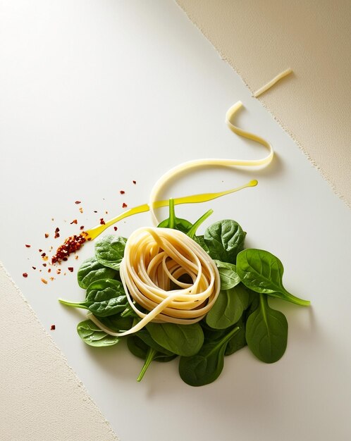 Photo a picture of spaghetti and pasta with a yellow ribbon