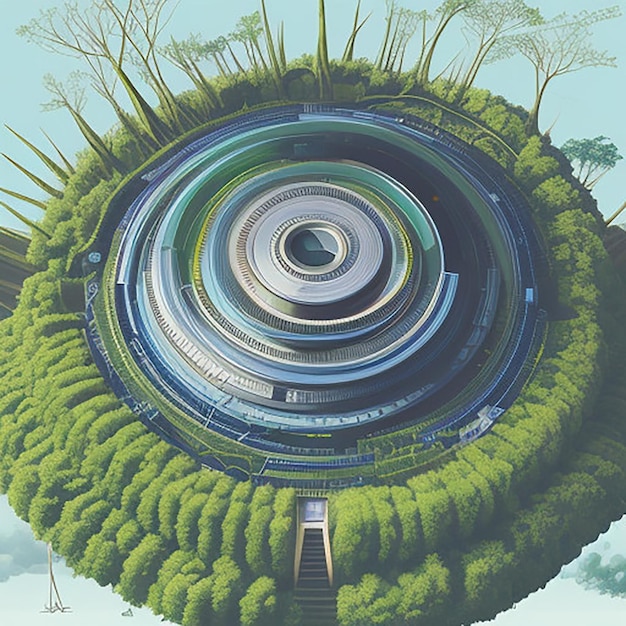 a picture of a spiral with a picture of a circle and a building in the middle