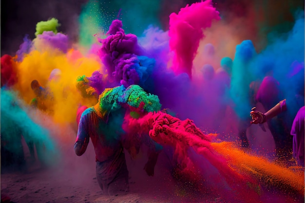 A picture of splash of colour powder in a holi festival in india