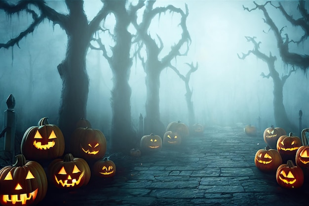 A picture of a spooky foggy woodland filled with pumpkins jack-o-lanterns for Halloween