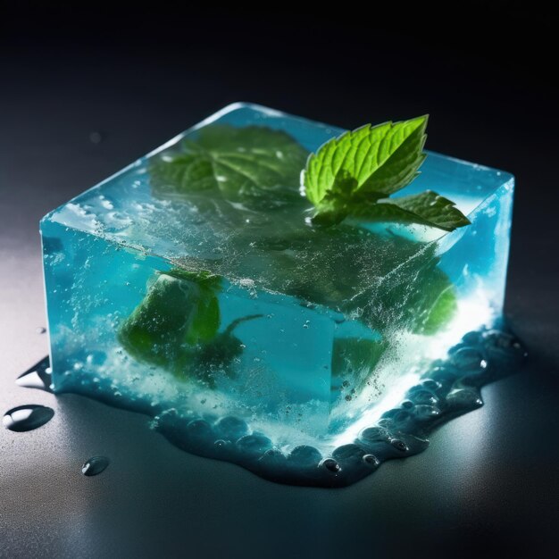 Picture of square piece of blue translucent soap with mint generative AI