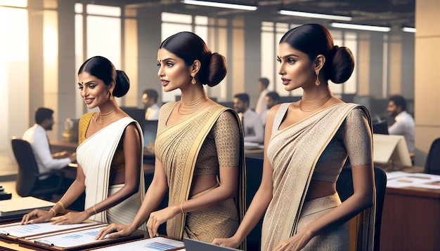 A picture of a Sri lankan office 3 womans in a sari