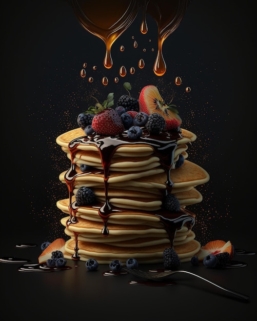 A picture of a stack of pancakes with fruit on top.