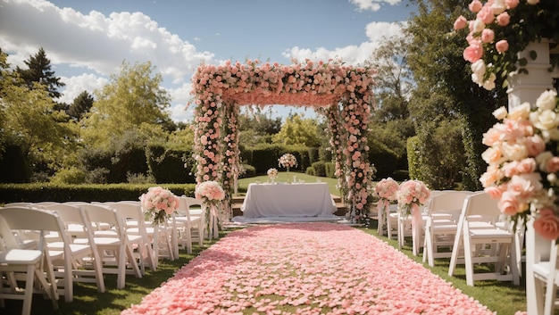 picture of a stage decorated with yellow flowers and a yellow couch in the center There are yellow