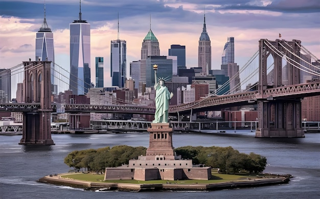 a picture of a statue of liberty and the bridge in the background