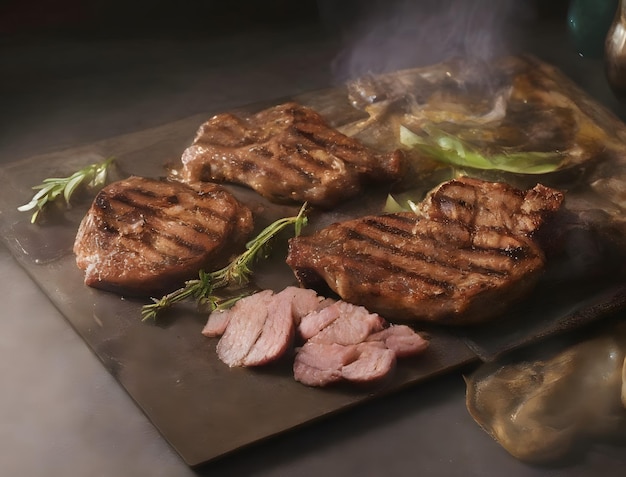 A picture of steaks and a bunch of meat on a table.