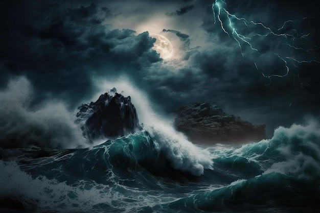 Picture of a stormy sea atop a dark night with lightning