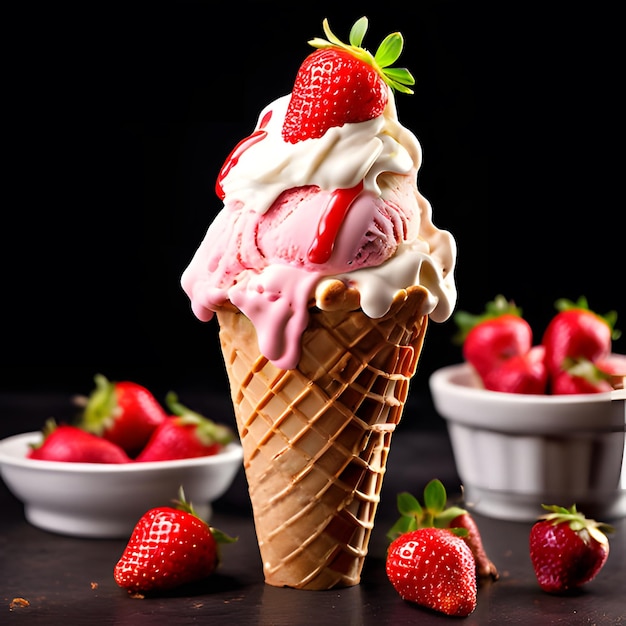 a picture of a strawberry cone with strawberries on it