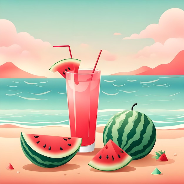 a picture of a strawberry drink and a watermelon