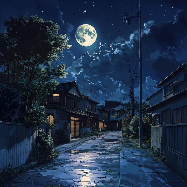 Photo a picture of a street with a full moon in the sky