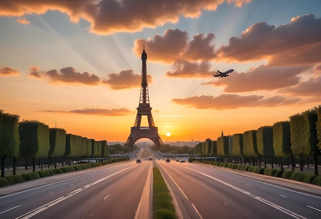 a picture of a street with a plane flying in the sky