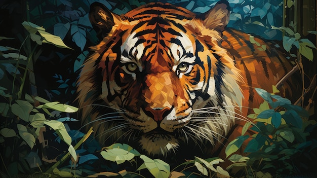 A picture stylized and dynamic illustration depicting a fierce and majestic tiger in its natural habitat